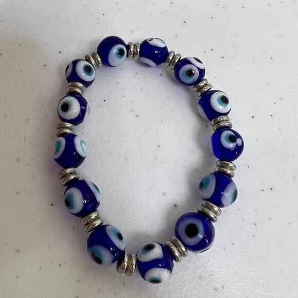 Blue Evil Eye Bead Bracelet For Protection Glass Beaded Stretch Silver Tone - Picture 5 of 6